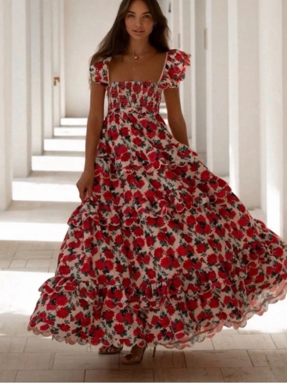 ALB Anne Louise Boutique Sz 12 Monaco Rose Print Maxi Dress Tie Back Smocked